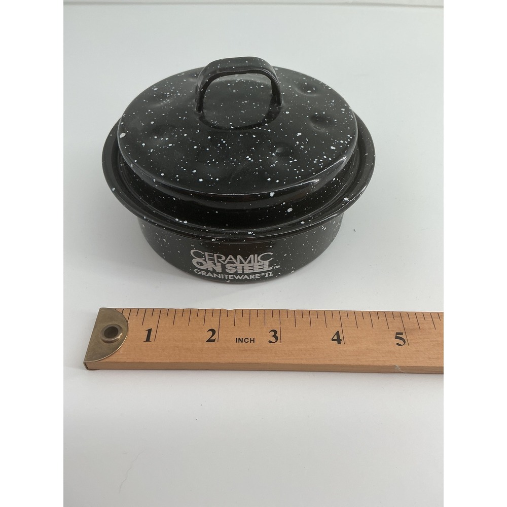 Graniteware II Ceramic on Steel Mini Round Roaster with Lid Black Speckled 4.5in